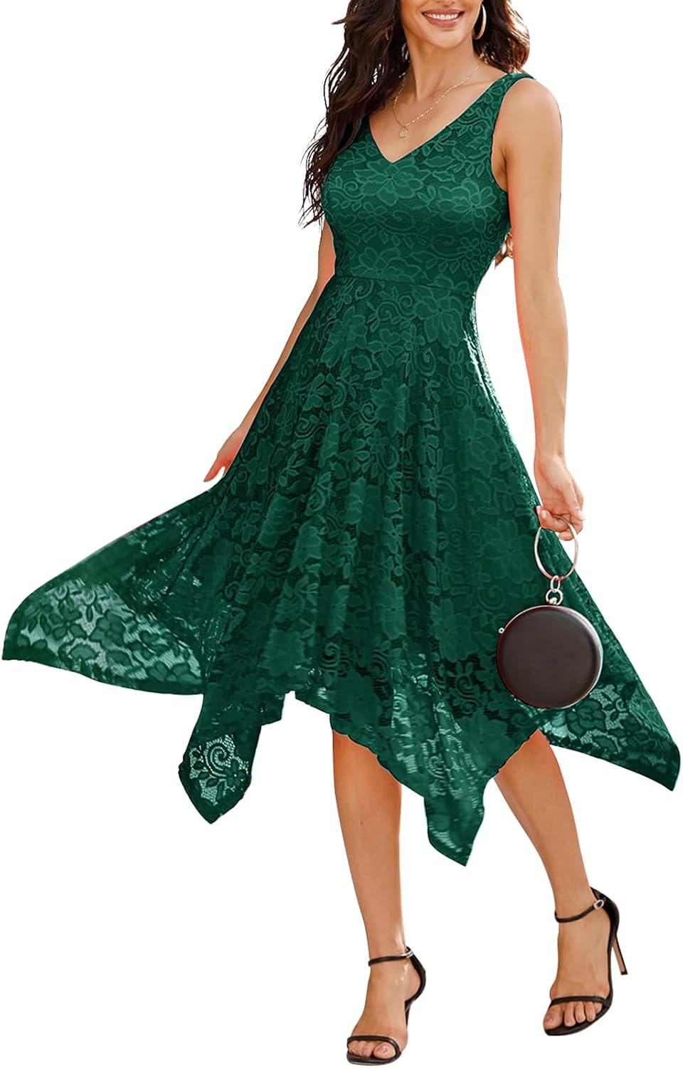 Meetjen Women's Cocktail Dress Lace Formal Wedding Guest Dresses | Summer Party Dress, Handkerchief Hem, V-Neck, High waist, A-line Bridesmaid Dress Prom, Homecoming Dresses 2026
