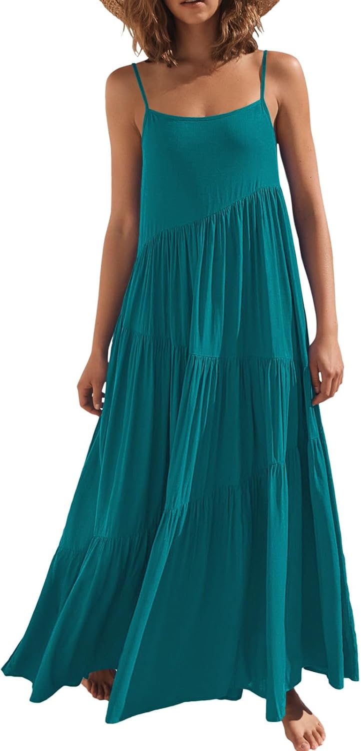 ANRABESS Women Summer Sleeveless Maxi Dress Flowy Boho Beach Sundress | Linen Like Fabric, Floral Casual Spaghetti Strap Long Dresses, A-Line Asymmetrical Tiered Loose Travel Vacation Outfits