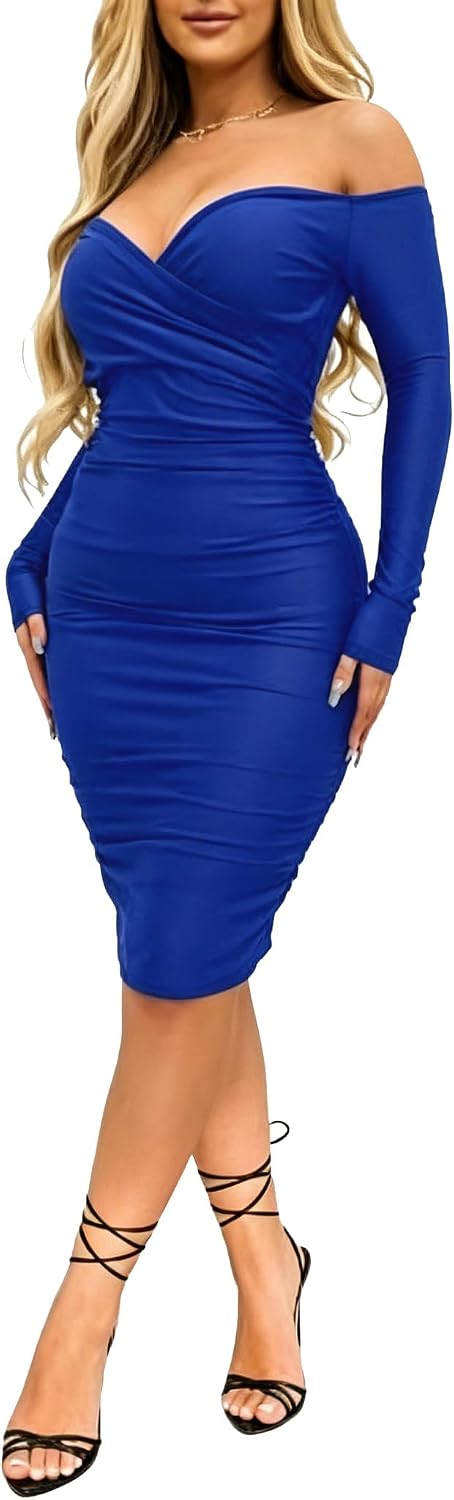 Ekaliy Women's Sexy Off Shoulder Midi Dress Long Sleeve Bodycon Dress | Off Shoulder,Bodycon,Midi Dress,Long Sleeve,Ruched Midi Dress Hugs Curves For Formal Occasions