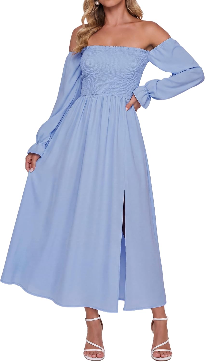 AUMORA Womens Maxi Dress Off Shoulder Long Sleeve Boho Flowy Dresses | Puff Sleeve A Line Long Dresses, Side Split Hem,Side Pockets,Wedding Guest Dress, 2026 Fall Winter Holiday Party Outfits