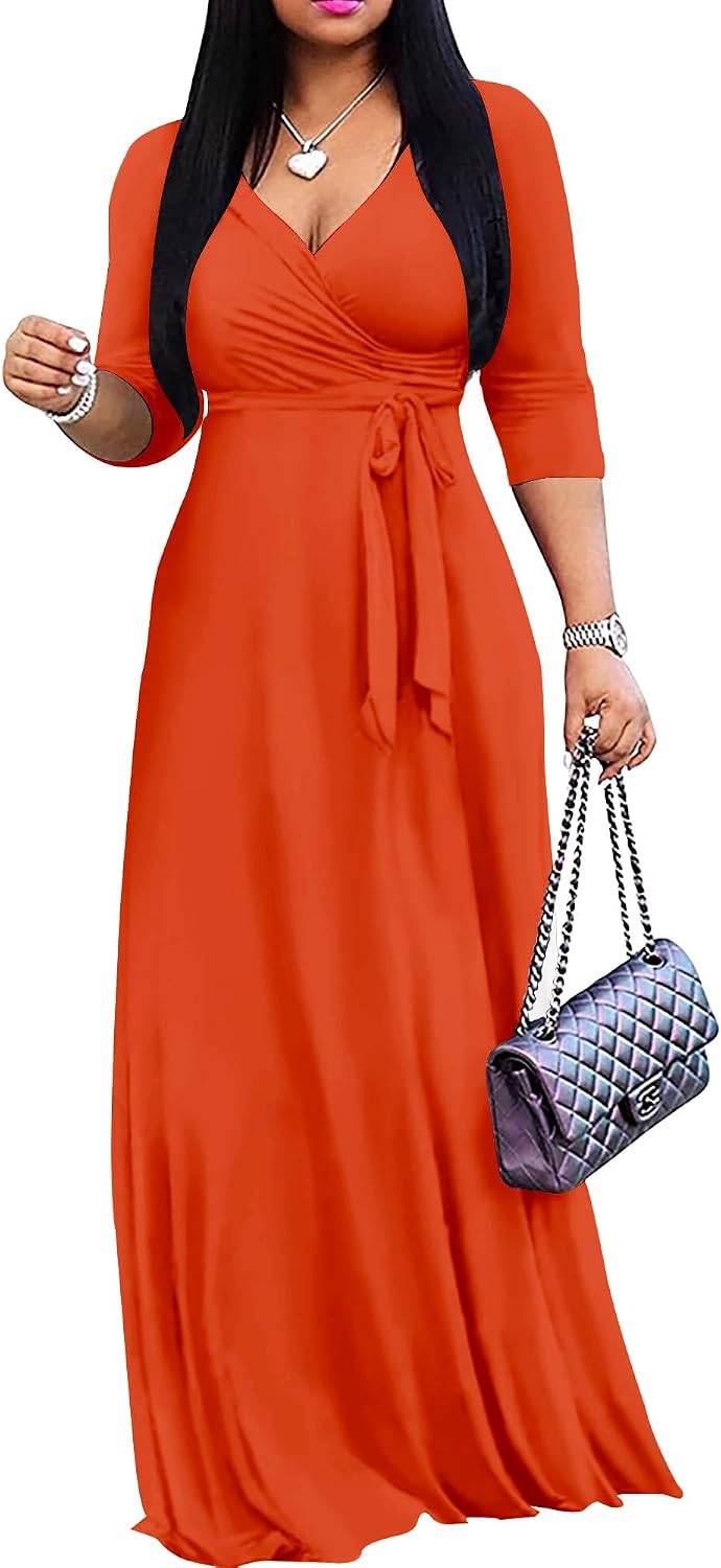 Mrskoala Women Plus Size Long Maxi Wrap Dresses Summer Sundress V-Neck 3\/4 Sleeve