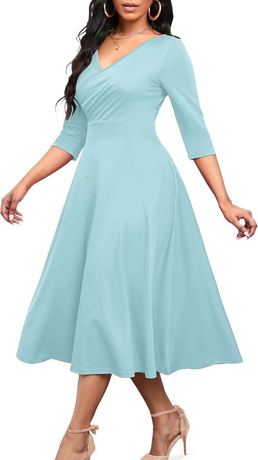Nmoder Womens Midi Dress 3\/4 Sleeve V Neck Cocktail Dress with Pockets | Empire waist fit and flare wedding guest tea party church dress\/ a line semi formal elegant wrap dress for business work