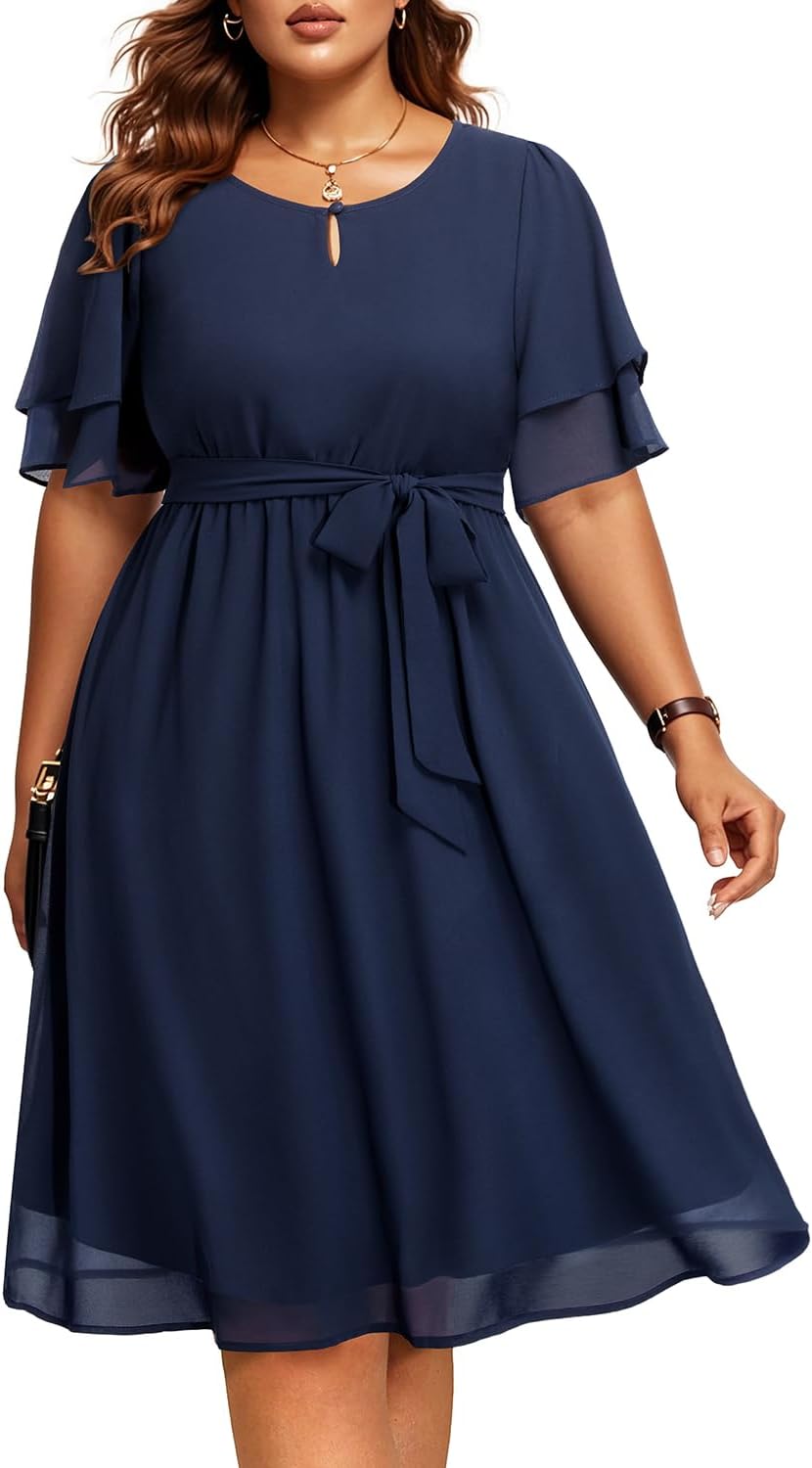Pinup Fashion Plus Size Wedding Guest Cocktail Semi-Formal Chiffon Dress | Keyhole neck, flutter ruffle sleeves, detachable tie belt, flowy A-line skirt