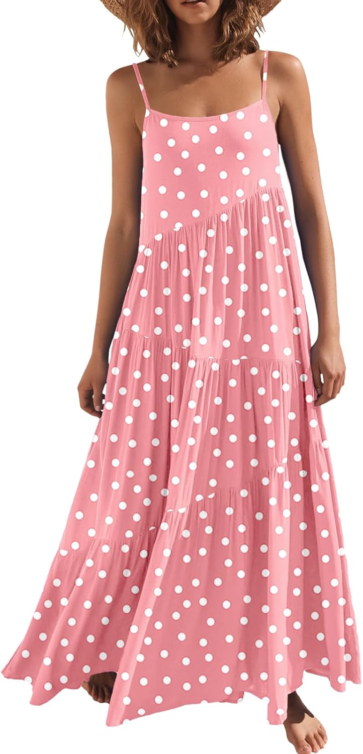 ANRABESS Women Summer Sleeveless Maxi Dress Flowy Boho Beach Sundress | Linen Like Fabric, Floral Casual Spaghetti Strap Long Dresses, A-Line Asymmetrical Tiered Loose Travel Vacation Outfits