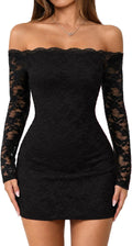 Xuiqx Women's Lace Off Shoulder Long Sleeve Sexy Going Out Mini Dress | Bodycon Fit, Lined Lace Body, Sheer Floral Lace Sleeves, Dressy Date Night Party Wedding Guest Fall Winter Outfit, Going Out