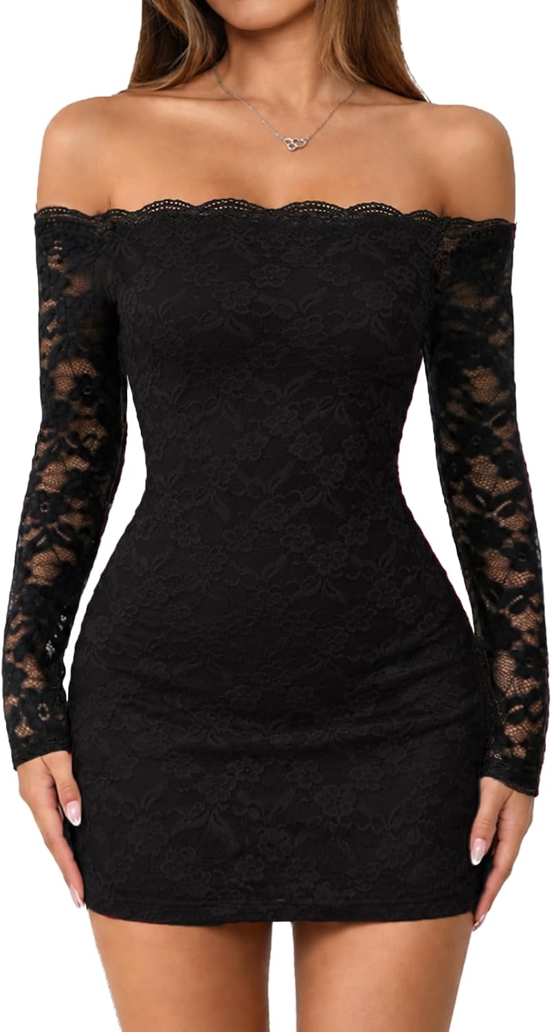 Xuiqx Women's Lace Off Shoulder Long Sleeve Sexy Going Out Mini Dress | Bodycon Fit, Lined Lace Body, Sheer Floral Lace Sleeves, Dressy Date Night Party Wedding Guest Fall Winter Outfit, Going Out
