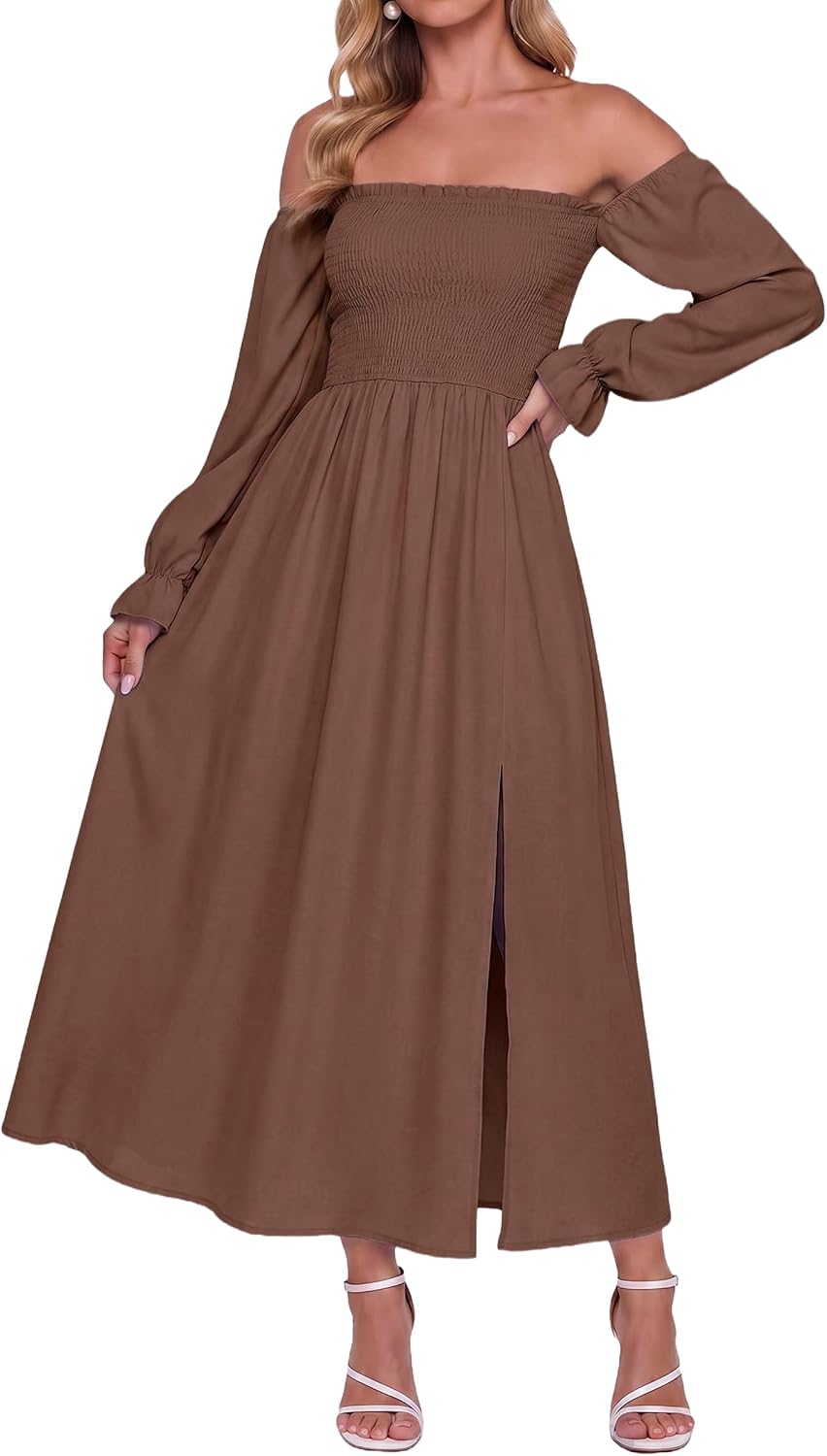 AUMORA Womens Maxi Dress Off Shoulder Long Sleeve Boho Flowy Dresses | Puff Sleeve A Line Long Dresses, Side Split Hem,Side Pockets,Wedding Guest Dress, 2026 Fall Winter Holiday Party Outfits