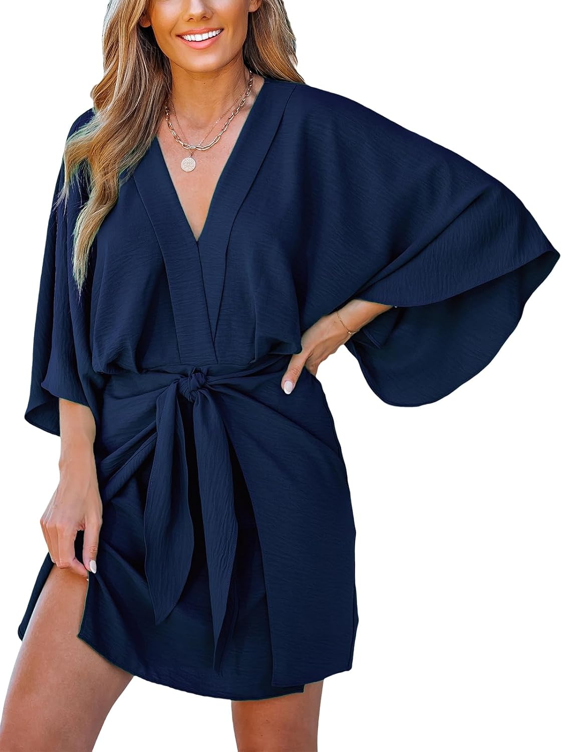 CUPSHE Women Summer Mini Dress V Neck Kimono Beachwear | Batwing Sleeve, Belted Flowy Loose Sundress, Vacation Resort Outfits, Casual Cover Up Dress, Holiday Trip, Fashion Clothes