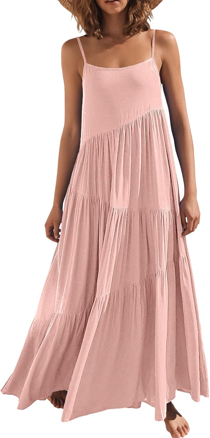 ANRABESS Women Summer Sleeveless Maxi Dress Flowy Boho Beach Sundress | Linen Like Fabric, Floral Casual Spaghetti Strap Long Dresses, A-Line Asymmetrical Tiered Loose Travel Vacation Outfits