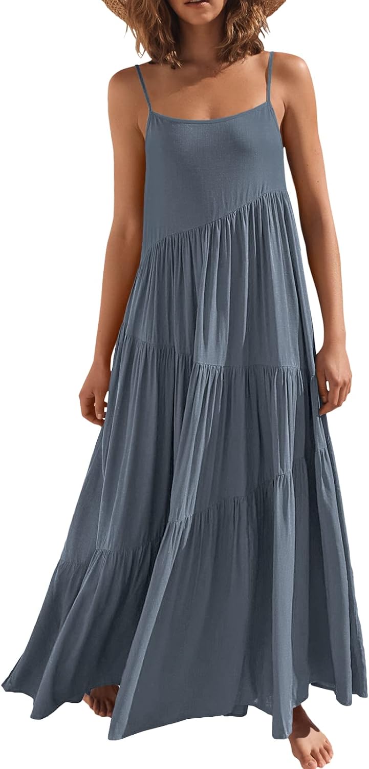 ANRABESS Women Summer Sleeveless Maxi Dress Flowy Boho Beach Sundress | Linen Like Fabric, Floral Casual Spaghetti Strap Long Dresses, A-Line Asymmetrical Tiered Loose Travel Vacation Outfits