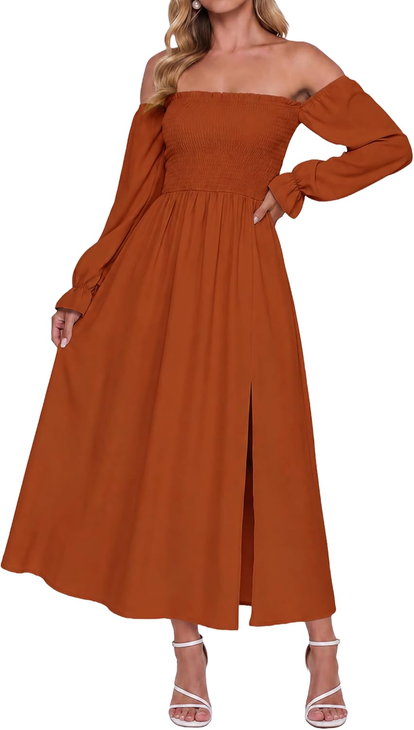 AUMORA Womens Maxi Dress Off Shoulder Long Sleeve Boho Flowy Dresses | Puff Sleeve A Line Long Dresses, Side Split Hem,Side Pockets,Wedding Guest Dress, 2026 Fall Winter Holiday Party Outfits