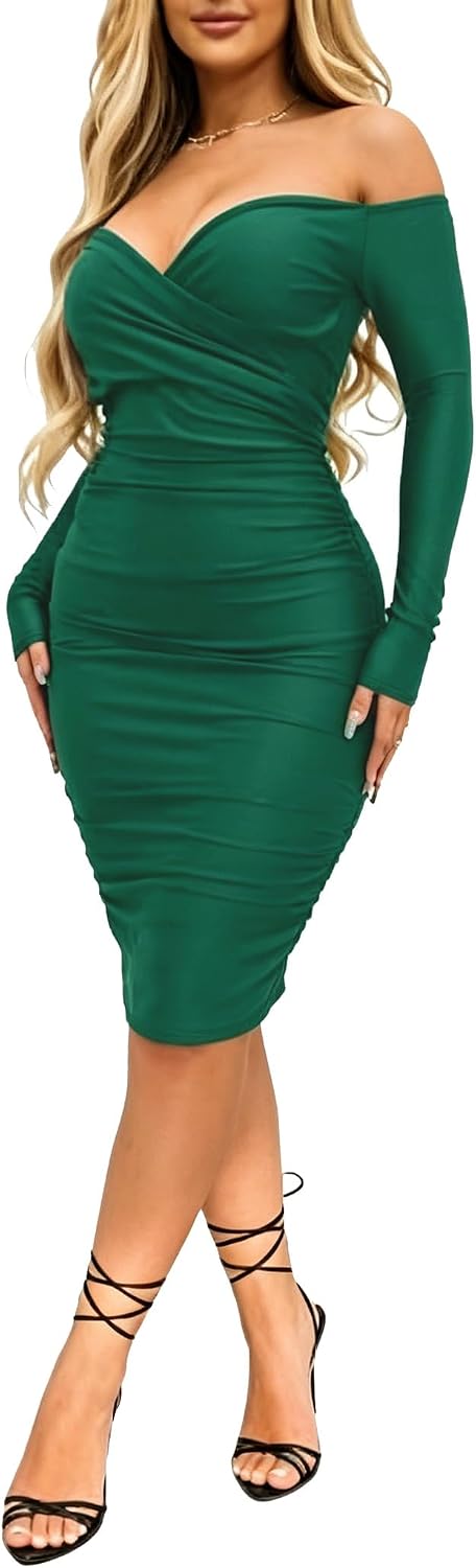 Ekaliy Women's Sexy Off Shoulder Midi Dress Long Sleeve Bodycon Dress | Off Shoulder,Bodycon,Midi Dress,Long Sleeve,Ruched Midi Dress Hugs Curves For Formal Occasions