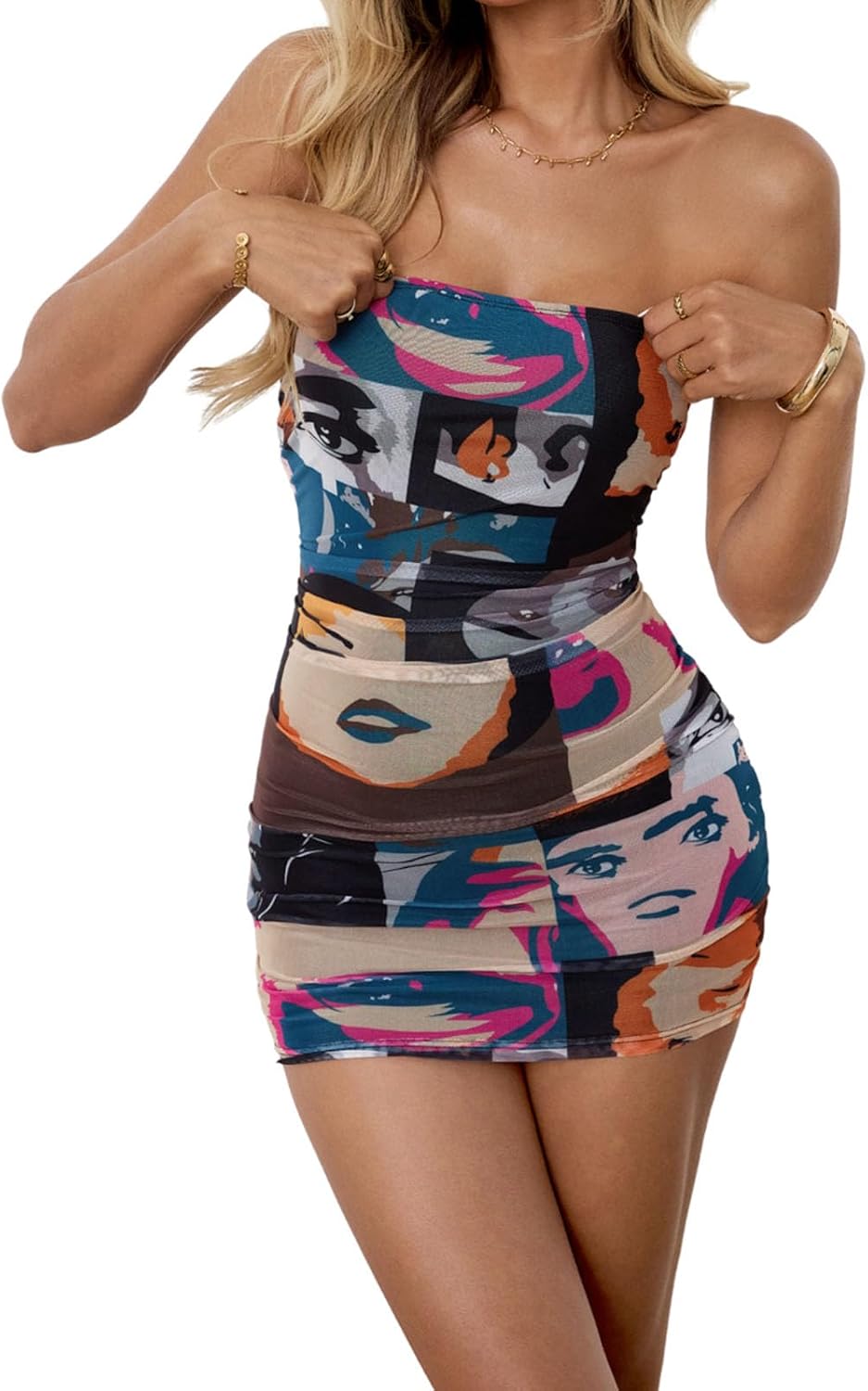 AVZXSA Women's Sexy Strapless Ruched Print Mesh Bodycon Mini Dress | Lined Tube Dresses for Women, Short Stretch Going Out Dress For Club, Party, Cocktail, Date Night and Vacation