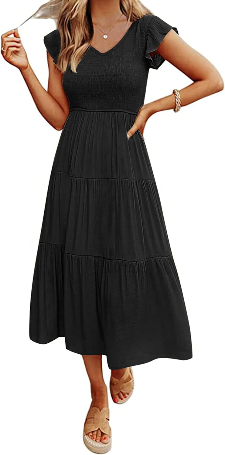 MEROKEETY Women's Summer 2026 Flutter Sleeve Smocked Casual Midi Dress | V Neck, Short Sleeve, A line, Flowy, Tiered, Ruffle, Beach Vacation Holiday Baby Shower Elegant Long Dresses