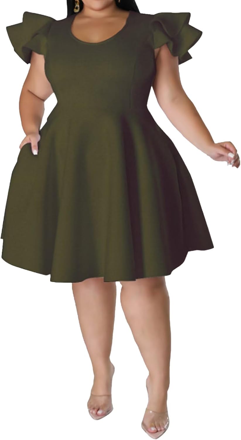 Women's Plus Siz Cape Sleeve Stretchy A-Line Cocktail Party Dress Pockets | Sexy Flutter Sleeve, Flared Skater, Club, Swing ,Wedding Guest, Evening, Elegant, Sexy Night Out, Prom, Christmas, Valentin