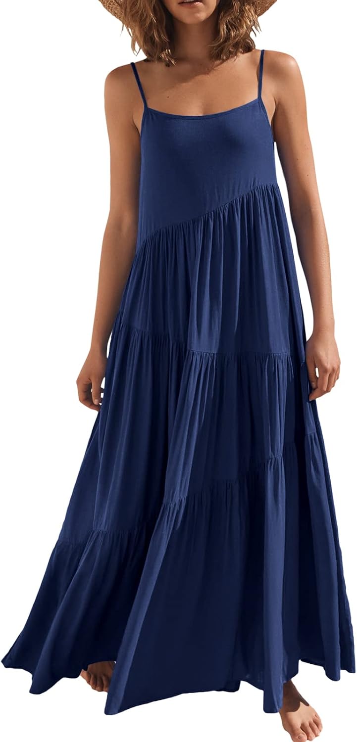 ANRABESS Women Summer Sleeveless Maxi Dress Flowy Boho Beach Sundress | Linen Like Fabric, Floral Casual Spaghetti Strap Long Dresses, A-Line Asymmetrical Tiered Loose Travel Vacation Outfits