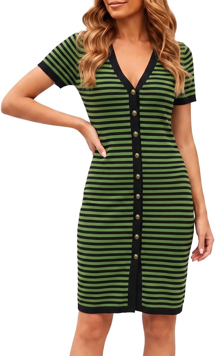 LEO'S VASE Ribbed Knit Women's Summer Dress,Button Front Mini Swing Dress | 2026 Soft V Neck