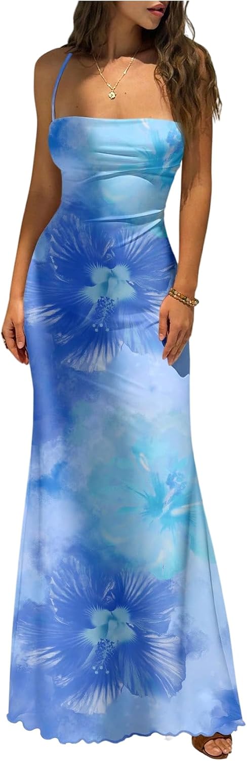 GORGLITTER Women's Floral Boho Maxi Dress Sexy Summer Backless 90s Dresses | Low Open Back Lace Up Sleeveless Birthday Cocktail Long Dresses, Boho Elegant Wedding Guest