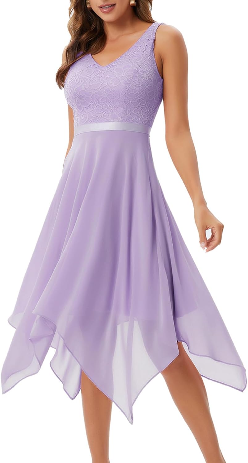 Meetjen Women's Cocktail Dress Lace Formal Wedding Guest Dresses | Summer Party Dress, Handkerchief Hem, V-Neck, High waist, A-line Bridesmaid Dress Prom, Homecoming Dresses 2026