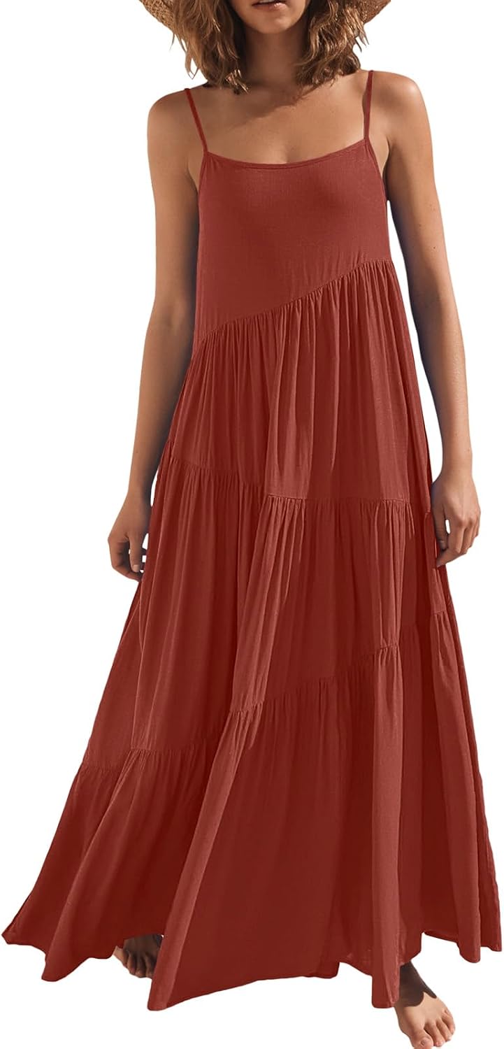 ANRABESS Women Summer Sleeveless Maxi Dress Flowy Boho Beach Sundress | Linen Like Fabric, Floral Casual Spaghetti Strap Long Dresses, A-Line Asymmetrical Tiered Loose Travel Vacation Outfits