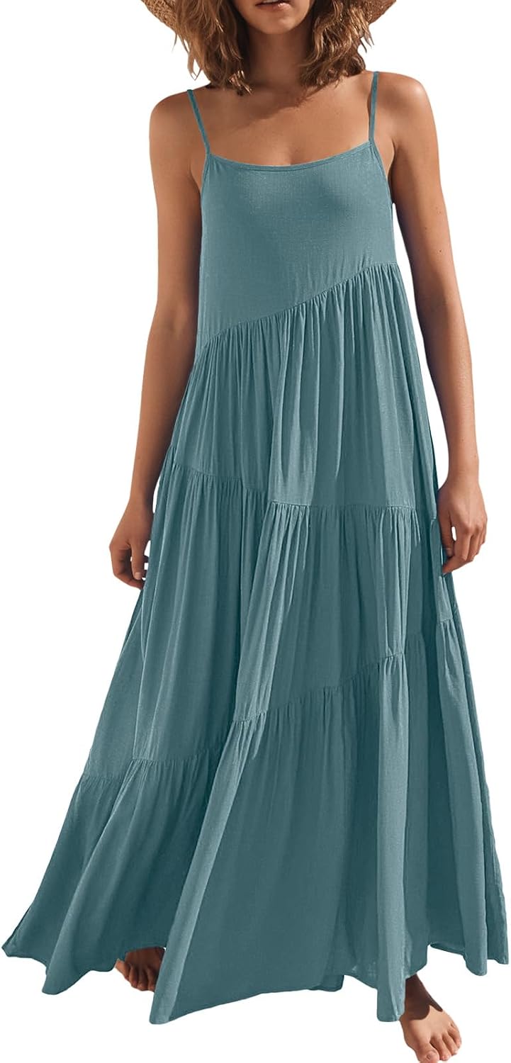 ANRABESS Women Summer Sleeveless Maxi Dress Flowy Boho Beach Sundress | Linen Like Fabric, Floral Casual Spaghetti Strap Long Dresses, A-Line Asymmetrical Tiered Loose Travel Vacation Outfits