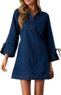 Womens Denim Shirt Dress Collared V Neck Bell Long Sleeve Mini Casual A-line Jean Dresses with Bow