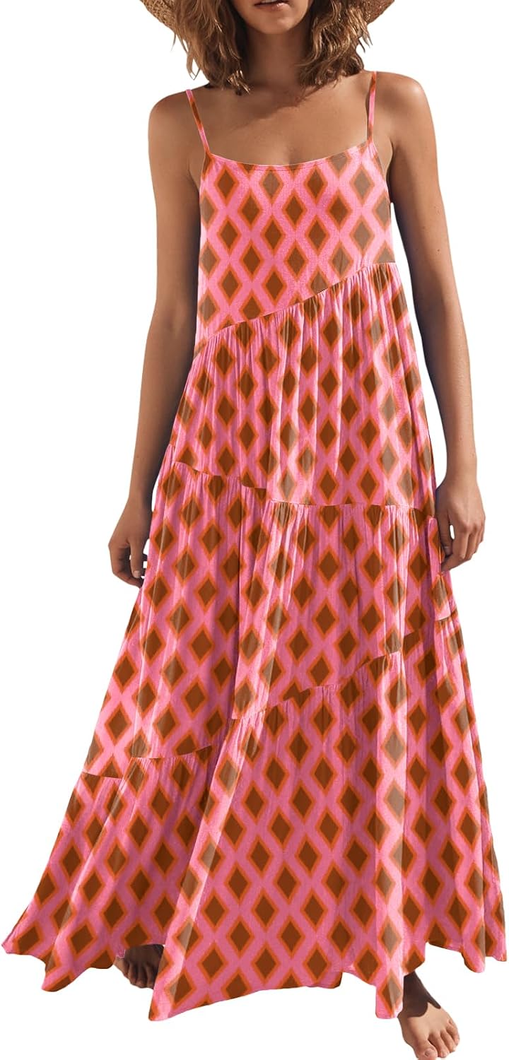 ANRABESS Women Summer Sleeveless Maxi Dress Flowy Boho Beach Sundress | Linen Like Fabric, Floral Casual Spaghetti Strap Long Dresses, A-Line Asymmetrical Tiered Loose Travel Vacation Outfits