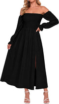 AUMORA Womens Maxi Dress Off Shoulder Long Sleeve Boho Flowy Dresses | Puff Sleeve A Line Long Dresses, Side Split Hem,Side Pockets,Wedding Guest Dress, 2026 Fall Winter Holiday Party Outfits