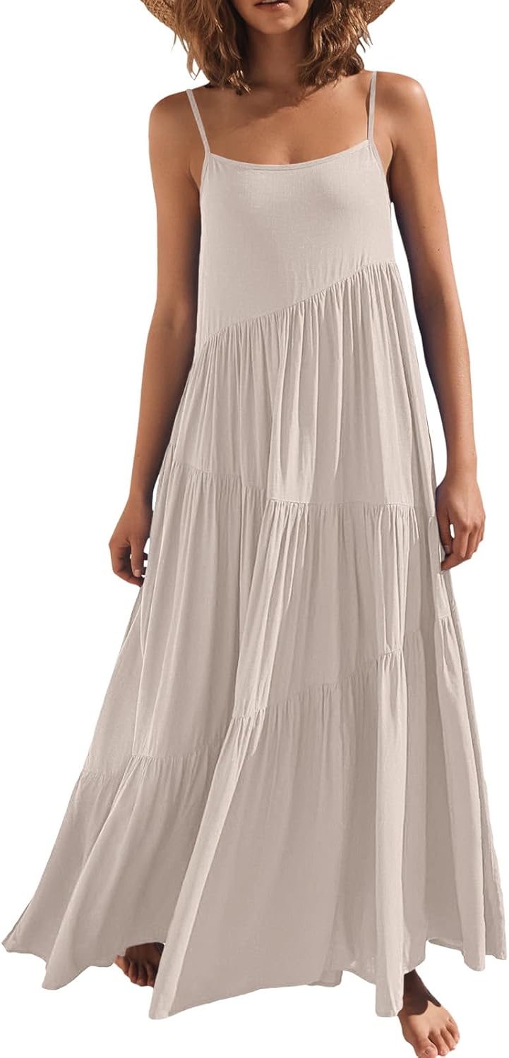ANRABESS Women Summer Sleeveless Maxi Dress Flowy Boho Beach Sundress | Linen Like Fabric, Floral Casual Spaghetti Strap Long Dresses, A-Line Asymmetrical Tiered Loose Travel Vacation Outfits