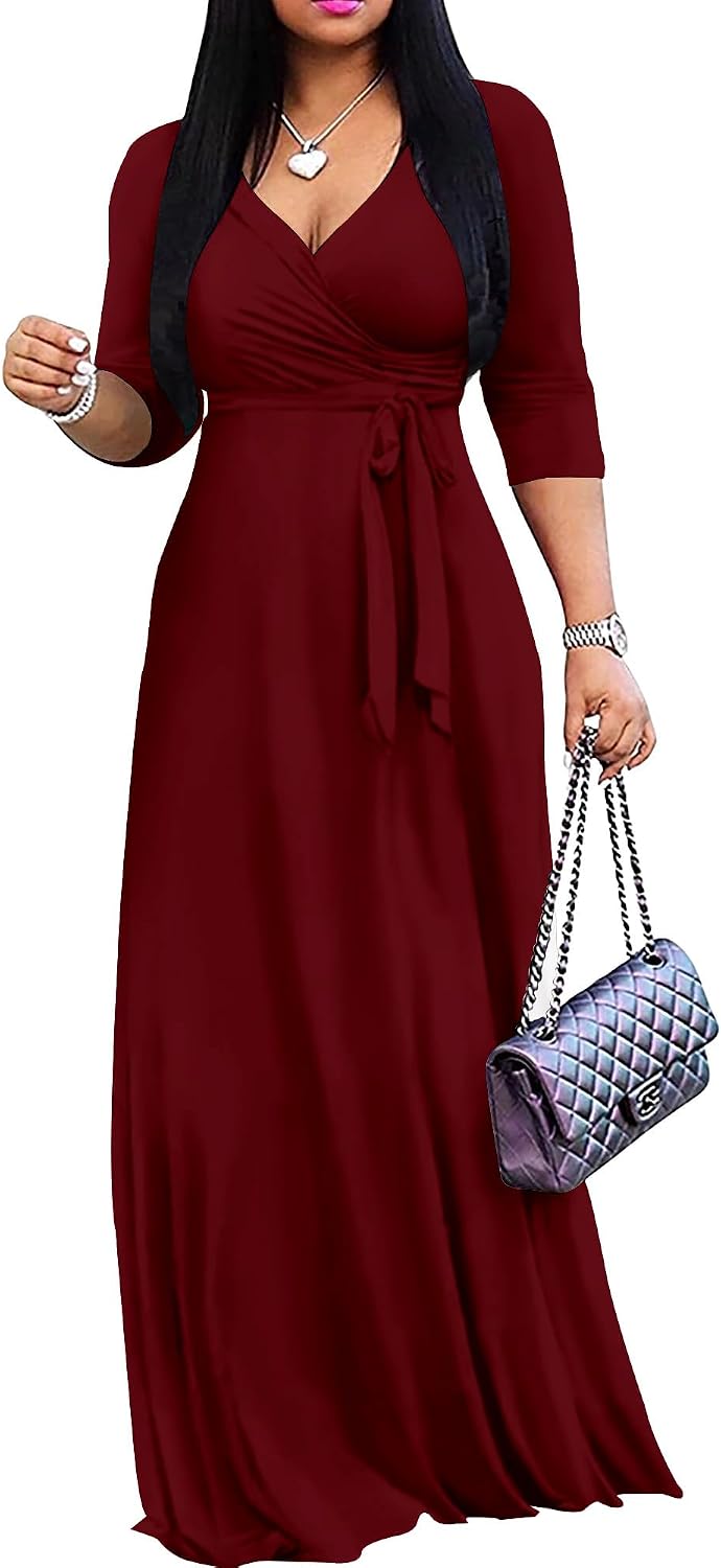 Mrskoala Women Plus Size Long Maxi Wrap Dresses Summer Sundress V-Neck 3\/4 Sleeve