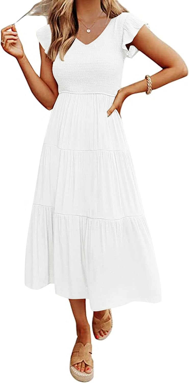 MEROKEETY Women's Summer 2026 Flutter Sleeve Smocked Casual Midi Dress | V Neck, Short Sleeve, A line, Flowy, Tiered, Ruffle, Beach Vacation Holiday Baby Shower Elegant Long Dresses
