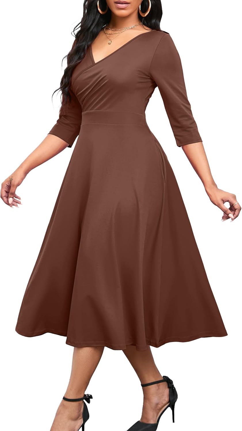 Nmoder Womens Midi Dress 3\/4 Sleeve V Neck Cocktail Dress with Pockets | Empire waist fit and flare wedding guest tea party church dress\/ a line semi formal elegant wrap dress for business work