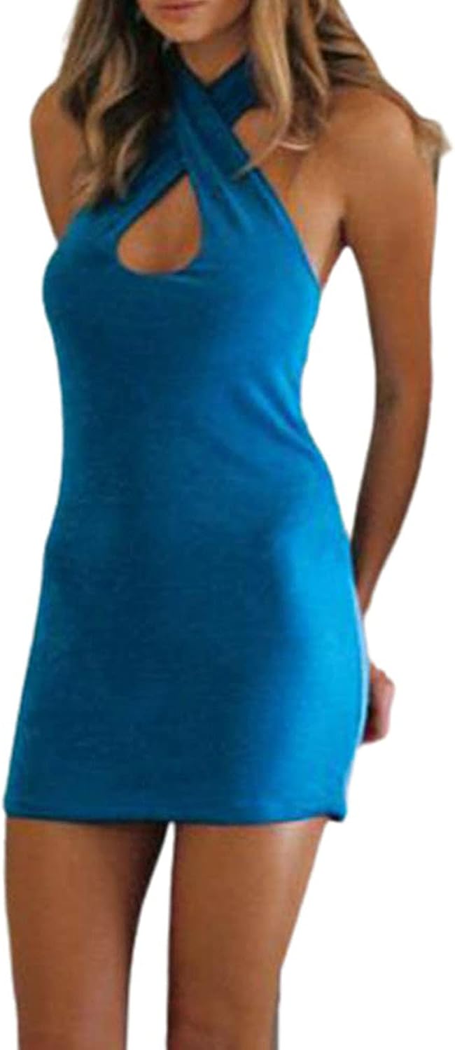 Criss Cross Halter Neck Dress Sleeveless Backless Hollow Out Bodycon Mini Dress Y2K Summer Clubwear