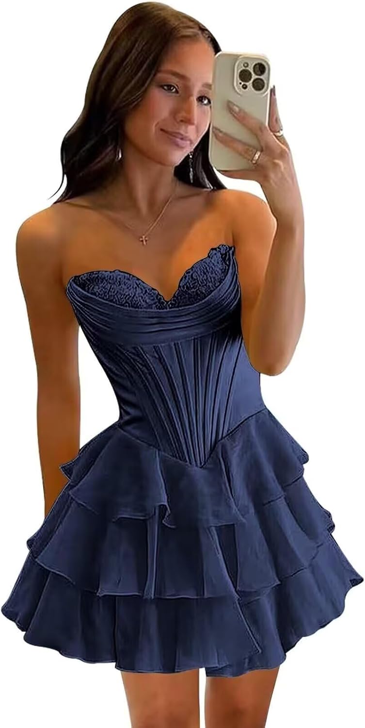 BABYONLINE D.R.E.S.S. Womens Corset Short Homecoming Dresses for Teens Strapless Floral Tiered Cocktail Party Gown