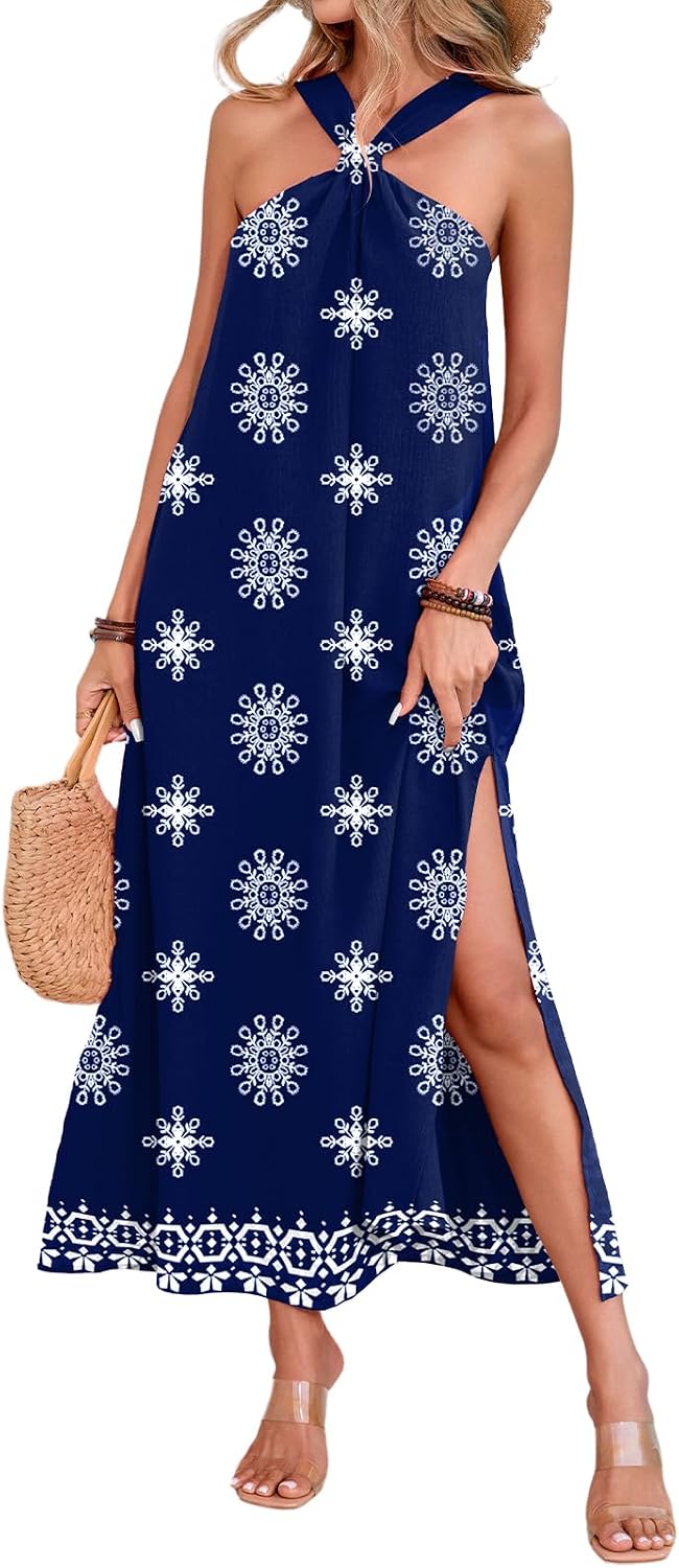 MIRALUNA Womens Summer Sleeveless Halter Long Dress Casual Strappy Vacation Beach Loose Flowy Side Slit Maxi Dresses