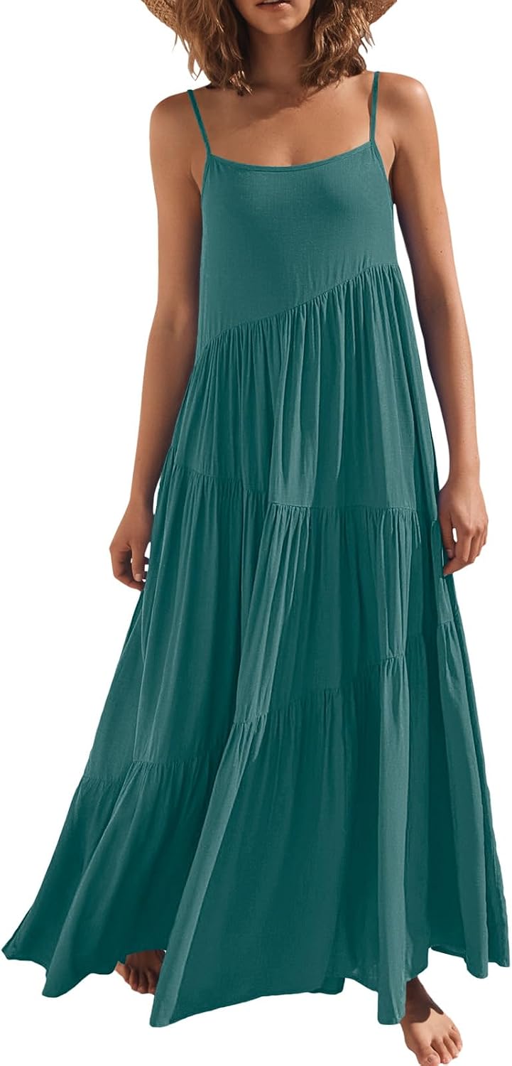 ANRABESS Women Summer Sleeveless Maxi Dress Flowy Boho Beach Sundress | Linen Like Fabric, Floral Casual Spaghetti Strap Long Dresses, A-Line Asymmetrical Tiered Loose Travel Vacation Outfits
