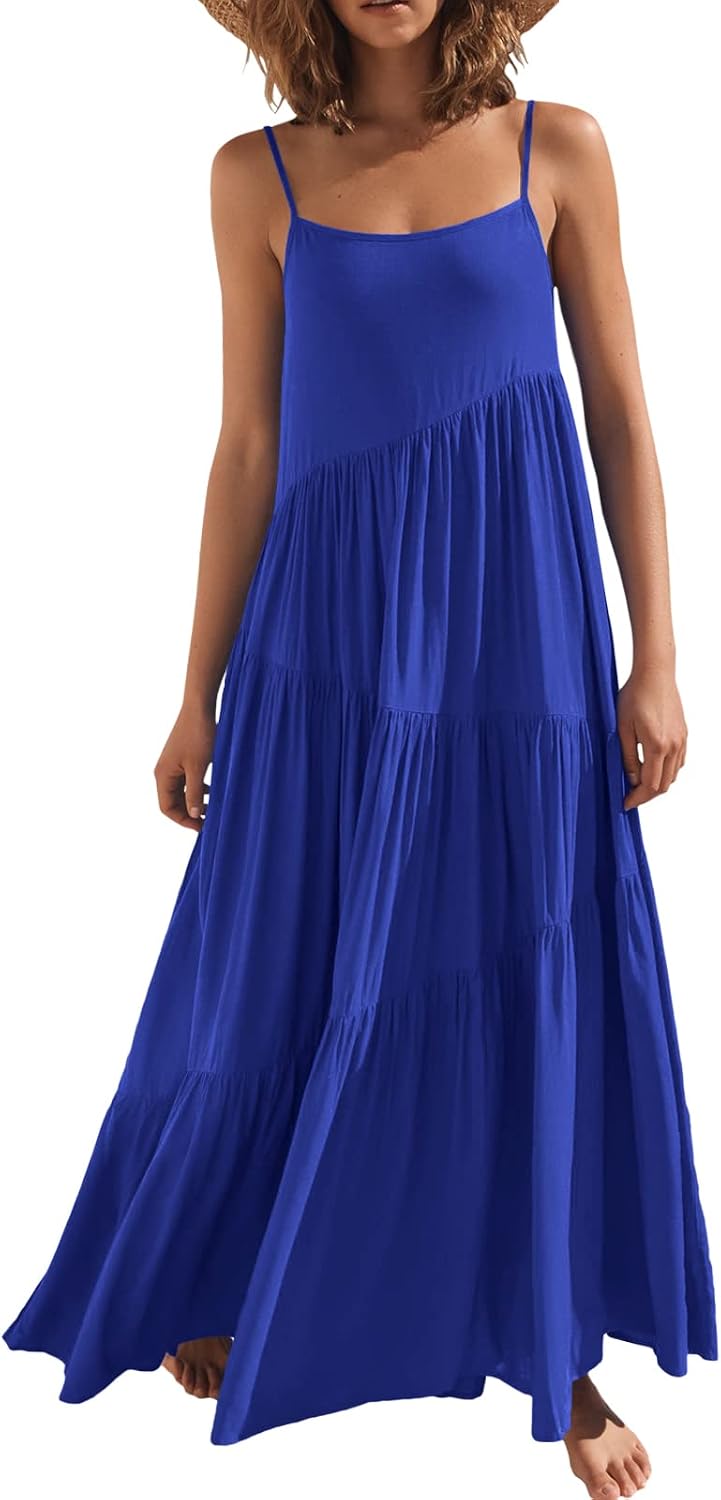 ANRABESS Women Summer Sleeveless Maxi Dress Flowy Boho Beach Sundress | Linen Like Fabric, Floral Casual Spaghetti Strap Long Dresses, A-Line Asymmetrical Tiered Loose Travel Vacation Outfits