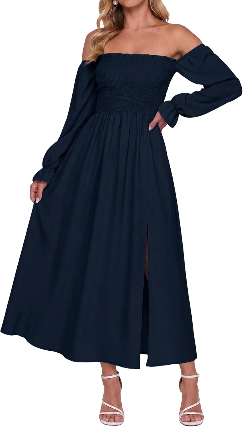 AUMORA Womens Maxi Dress Off Shoulder Long Sleeve Boho Flowy Dresses | Puff Sleeve A Line Long Dresses, Side Split Hem,Side Pockets,Wedding Guest Dress, 2026 Fall Winter Holiday Party Outfits