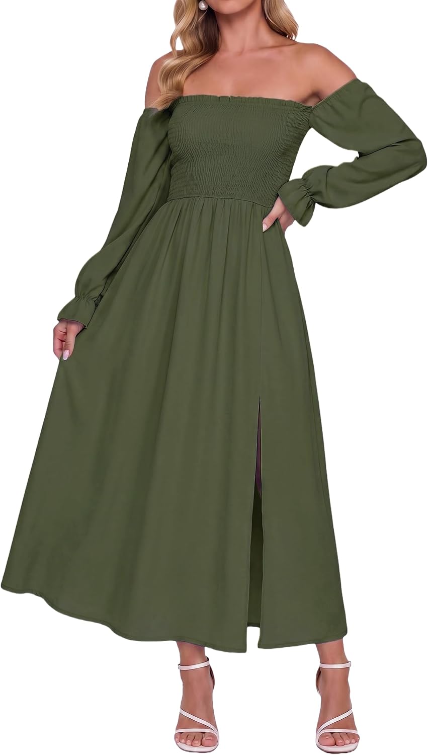 AUMORA Womens Maxi Dress Off Shoulder Long Sleeve Boho Flowy Dresses | Puff Sleeve A Line Long Dresses, Side Split Hem,Side Pockets,Wedding Guest Dress, 2026 Fall Winter Holiday Party Outfits