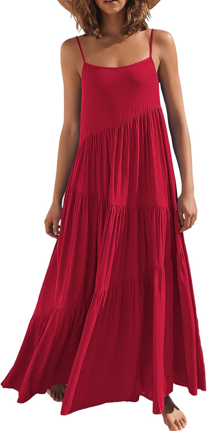 ANRABESS Women Summer Sleeveless Maxi Dress Flowy Boho Beach Sundress | Linen Like Fabric, Floral Casual Spaghetti Strap Long Dresses, A-Line Asymmetrical Tiered Loose Travel Vacation Outfits