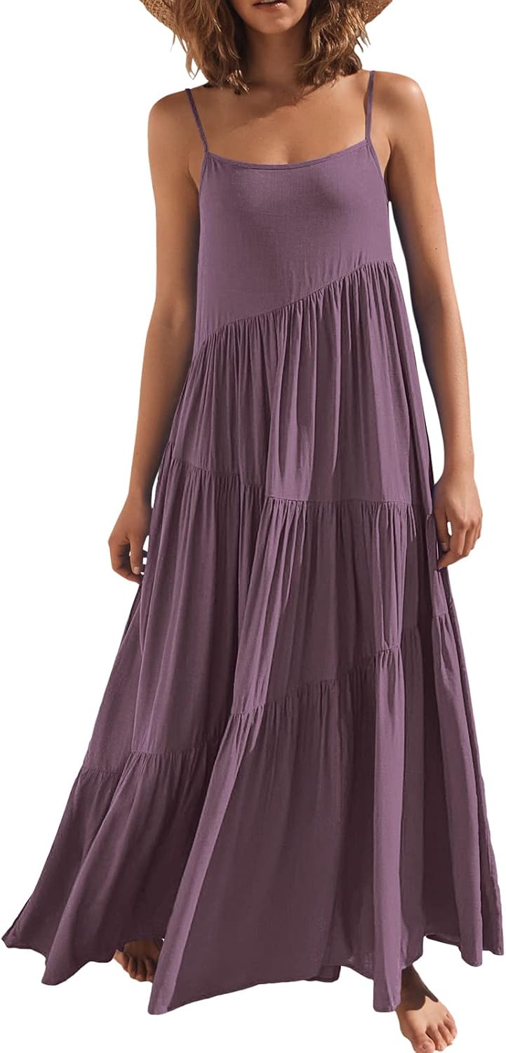 ANRABESS Women Summer Sleeveless Maxi Dress Flowy Boho Beach Sundress | Linen Like Fabric, Floral Casual Spaghetti Strap Long Dresses, A-Line Asymmetrical Tiered Loose Travel Vacation Outfits