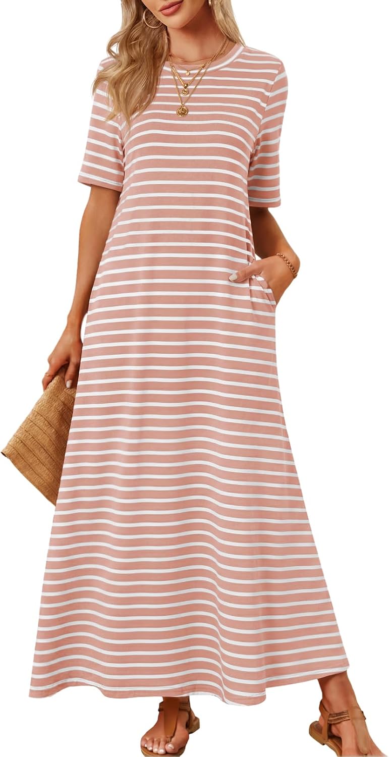 MEROKEETY Womens Summer Casual Short Sleeve Maxi Long Tshirt Dress 2026 | Ladies, Crew Neck, Loose Relaxed Fit, Solid Color, With Pockets, Ankle Length, Modest, Cotton, Classy, Basic, Vacation Outfit