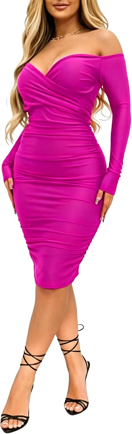 Ekaliy Women's Sexy Off Shoulder Midi Dress Long Sleeve Bodycon Dress | Off Shoulder,Bodycon,Midi Dress,Long Sleeve,Ruched Midi Dress Hugs Curves For Formal Occasions