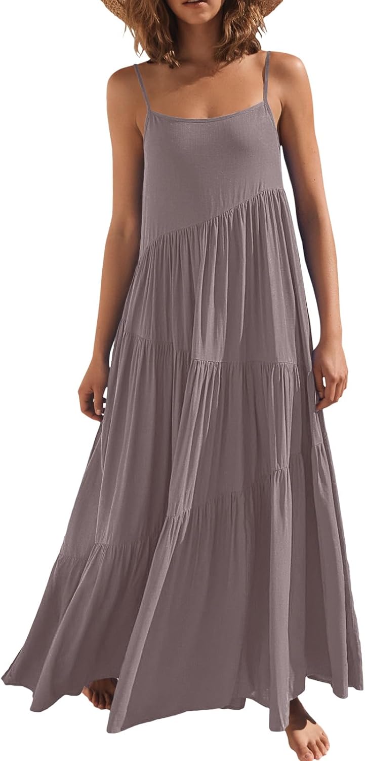 ANRABESS Women Summer Sleeveless Maxi Dress Flowy Boho Beach Sundress | Linen Like Fabric, Floral Casual Spaghetti Strap Long Dresses, A-Line Asymmetrical Tiered Loose Travel Vacation Outfits