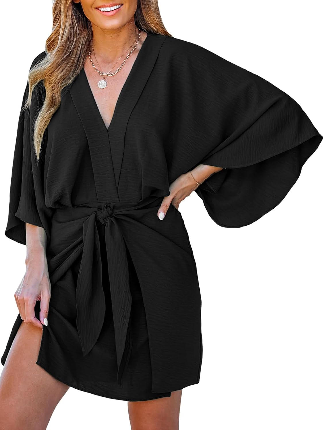 CUPSHE Women Summer Mini Dress V Neck Kimono Beachwear | Batwing Sleeve, Belted Flowy Loose Sundress, Vacation Resort Outfits, Casual Cover Up Dress, Holiday Trip, Fashion Clothes