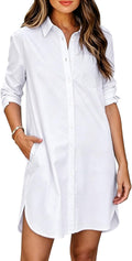 Women Business Button Down Shirt Dresses With Pockets Casual High Low Dress