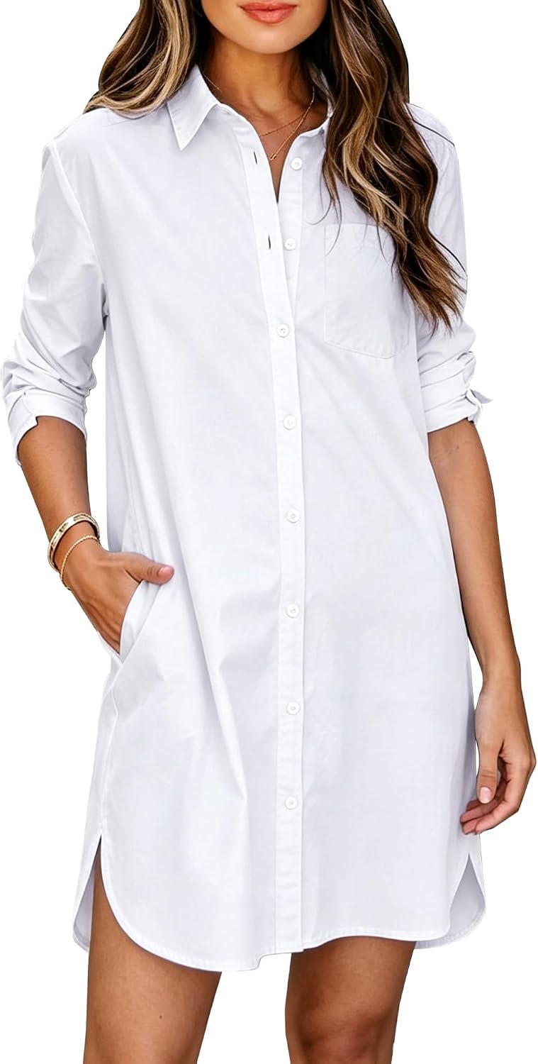 Women Business Button Down Shirt Dresses With Pockets Casual High Low Dress