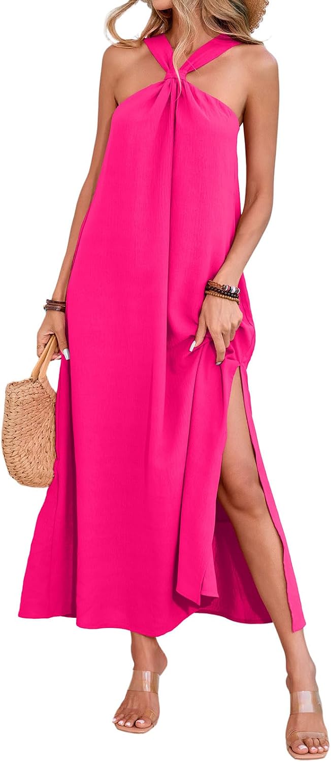 MIRALUNA Womens Summer Sleeveless Halter Long Dress Casual Strappy Vacation Beach Loose Flowy Side Slit Maxi Dresses