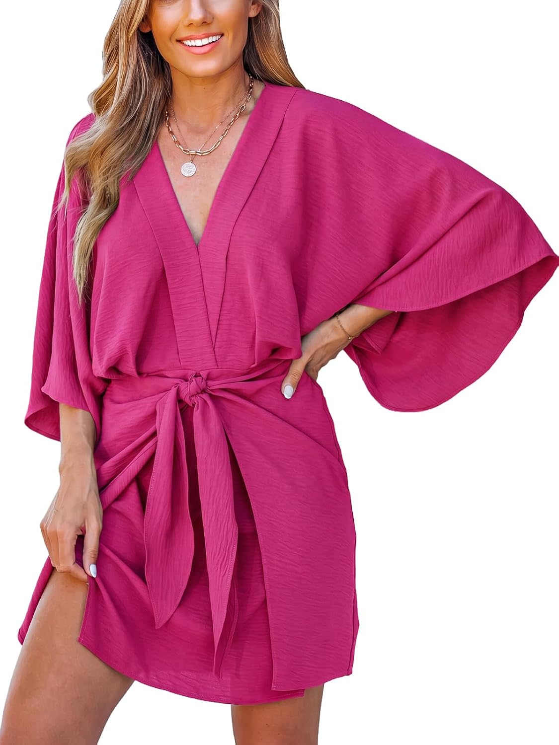 CUPSHE Women Summer Mini Dress V Neck Kimono Beachwear | Batwing Sleeve, Belted Flowy Loose Sundress, Vacation Resort Outfits, Casual Cover Up Dress, Holiday Trip, Fashion Clothes