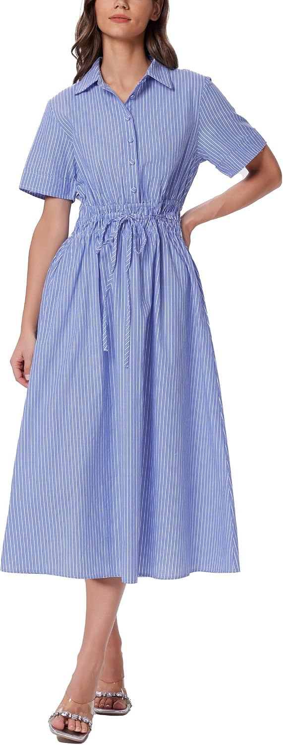 Ladyful Women Casual Button Down Short Sleeve Shirt Dress Tie Waist Midi Shirt Dress Elegant Business Party